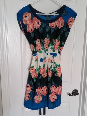 just ginger Blue, Black and Coral Floral Mini Dress